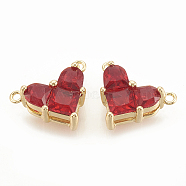 Brass Cubic Zirconia Charms, Nickel Free, Real 18K Gold Plated, Heart, Red, 9.5x12x4.5mm, Hole: 1mm(X-KK-S340-12G-04)