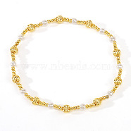 Fashionable Corrugated Brass & Plastic Imitation Pearl Beaded Stretch Bracelets for Women, Golden, 6-7/8 inch(17.5cm)(FW7019)