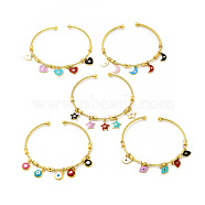 Colorful Enamel Charms Cuff Bangle with Clear Cubic Zirconia, Real 18K Gold Plated Brass Jewelry for Women, Cadmium Free & Lead Free, Mixed Patterns, Inner Diameter: 2 inch(5.2cm), Pendant: 8.5~12x7~10x1.5~3mm(BJEW-E073-09G)