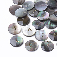 Black Lip Shell Cabochons, Flat Round with Initial Letter, Black, 10x1~3mm(SSHEL-Q303-001)