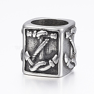 304 Stainless Steel Large Hole Beads, Cuboid, Antique Silver, 11.5x12x12.5mm, Hole: 8.5mm(STAS-G153-06AS)