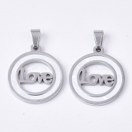 Valentine's Day Theme 201 Stainless Steel Pendants, with Shell and Random Size Snap on Bails, Flat Round with Word Love, Stainless Steel Color, 23x20x2mm, Hole: 7~10x3~5mm(STAS-N089-74P)