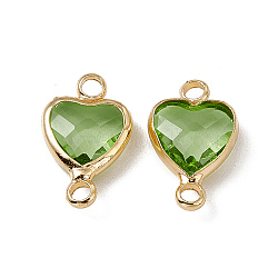 Transparent K9 Glass Connector Charms, Heart Links, with Light Gold Tone Brass Findings, Peridot, 14x8.5x3.7mm, Hole: 1.8mm(GLAA-A005-31LG-04)
