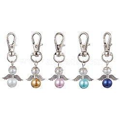 5Pcs 5 Colors Angel Glass Pearl Pendant Decoraiton, with Alloy Swivel Lobster Claw Clasps, Mixed Color, 57mm, 1pc/color(HJEW-JM01658)