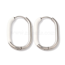 Oval Ion Plating(IP) 304 Stainless Steel Hoop Earrings for Women, with Enamel, Stainless Steel Color, White, 27x19mm(EJEW-L287-038P-02)