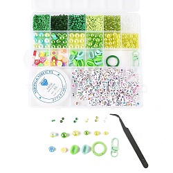 DIY Keychain Making Kits, including Glass Seed Beads & ABS Plastic & Polymer Clay Beads, Alloy Clasp, Elastic Thread, Tweezers, Green, 3x2mm, Hole: 1.2mm(DIY-L073-07G)