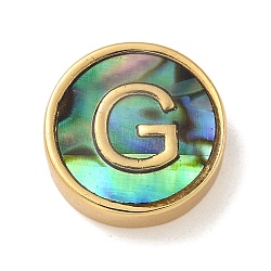 Brass Beads, with Resin Imitation Paua Shell, Flat Round, Real 14K Gold Plated, Letter G, 13.5x4mm, Hole: 1.6mm(KK-U046-17G-G)