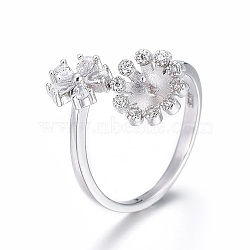 Anti-Tarnish Rhodium Plated 925 Sterling Silver Cuff Rings, Open Rings Components, For Half Drilled Beads, with Cubic Zirconia, Flower, with 925 Stamp, Platinum, Size 7, 17mm, Tray: 5.5mm, Pin: 0.8mm(STER-F048-21P)