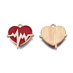 Rack Plating Eco-Friendly Alloy Enamel Pendants, Cadmium Free & Lead Free, Light Gold, Heart with Electrocardiogram, Dark Red, 21x20x2mm, Hole: 1.8mm(ENAM-N052-008)