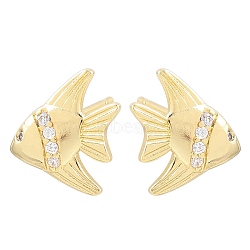 Brass Micro Pave Cubic Zirconia Stud Earrings, Fish, Lead Free & Cadmium Free, Long-Lasting Plated, Rack Plating, Real 18K Gold Plated, 14x13.5mm(EJEW-G471-27G)
