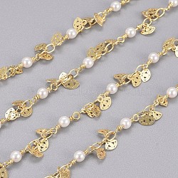 3.28 Feet Handmade Brass Beaded Chains, with Brass Charms, Glass Imitation Pearl, Soldered, Long-Lasting Plated, Eye, White, Golden, 10.5x3.2x3mm, 3.5x2.5x0.3mm(X-CHC-I029-01G)