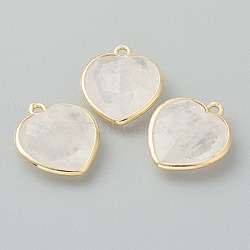 Natural Quartz Crystal Pendants, Rock Crystal Pendants, with Golden Brass Edge, Faceted, Heart, 19x16.5x6~6.5mm, Hole: 1.6mm(G-B009-03G-D)