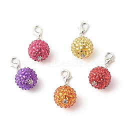 Resin Rhinestone Pendant Decorates, with Alloy Beads & Zinc Alloy Lobster Claw Clasps, Round, Mixed Color, 40mm(HJEW-JM00613)