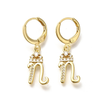 Brass Clear Cubic Zirconia Hoop Earrings, Real 18K Gold Plated, Letter N, 30mm, pendants: 16.5x9.5x2mm