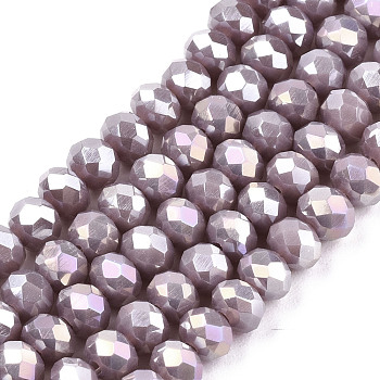 Electroplate Glass Beads Strands, Opaque Solid Color, AB Color Plated, Faceted, Rondelle, Thistle, 8x6mm, Hole: 1mm, about 63~65pcs/strand, 39~40cm