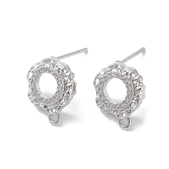 Brass Micro Pave Cubic Zirconia Stud Earring Findings, Annulus, Real Platinum Plated, 13x11mm, Hole: 1.2mm, Pin: 0.8mm