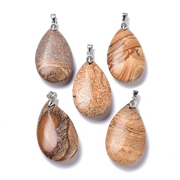Natural Picture Jasper Pendants, with Brass Finding, Teardrop, 35x20x7.5~9mm, Hole: 4x3.5mm