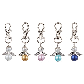 5Pcs 5 Colors Angel Glass Pearl Pendant Decoraiton, with Alloy Swivel Lobster Claw Clasps, Mixed Color, 57mm, 1pc/color