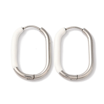 Oval Ion Plating(IP) 304 Stainless Steel Hoop Earrings for Women, with Enamel, Stainless Steel Color, White, 27x19mm