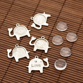 Zinc Alloy Pendant Cabochon Settings, Elephant and Transparent Flat Round Glass Cabochons, Lead Free, Antique Silver, Tray: 14mm, 24x27x6mm, Hole: 2mm, Glass Cabochons: 14x4mm