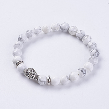 Natural Howlite Beads Stretch Bracelets, with Alloy Finding, Buddha's Head, 2-1/8 inch(55mm)