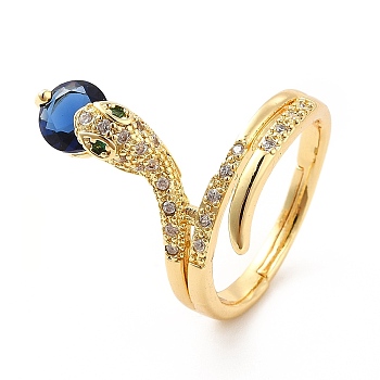 Cubic Zirconia Snake with Glass Wrap Adjustable Ring, Real 18K Gold Plated Brass Jewelry for Women, Prussian Blue, US Size 7 3/4(17.9mm)