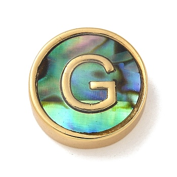 Brass Beads, with Resin Imitation Paua Shell, Flat Round, Real 14K Gold Plated, Letter G, 13.5x4mm, Hole: 1.6mm