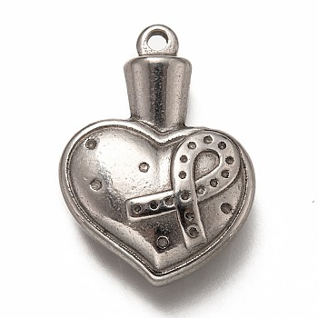 304 Stainless Steel Pendants, Heart with Ribbon, Stainless Steel Color, 26x19x6.5mm, Hole: 1.8mm