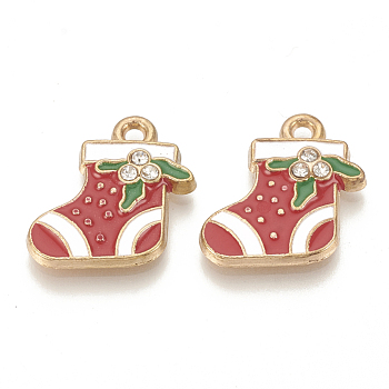Alloy Enamel Pendants, Cadmium Free & Lead Free, with Rhinestone, Christmas Boots, Light Gold, Red, 18x17x3mm, Hole: 1.5mm