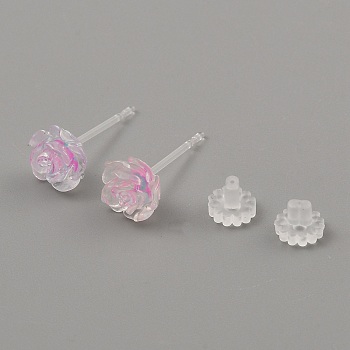 Resin Stud Earrings, Flower, Pearl Pink, 7x7mm