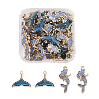 50Pcs 2 Style Alloy Enamel Pendants, Mermaid & Whale Tail Shape,  Light Gold, Blue, 17~29x12.5~20x2~3mm, Hole: 1.4~1.6mm, 25pcs/Style