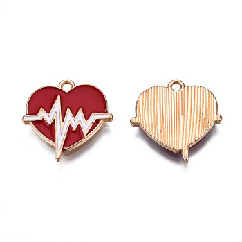 Rack Plating Eco-Friendly Alloy Enamel Pendants, Cadmium Free & Lead Free, Light Gold, Heart with Electrocardiogram, Dark Red, 21x20x2mm, Hole: 1.8mm