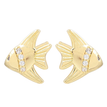 Brass Micro Pave Cubic Zirconia Stud Earrings, Fish, Lead Free & Cadmium Free, Long-Lasting Plated, Rack Plating, Real 18K Gold Plated, 14x13.5mm