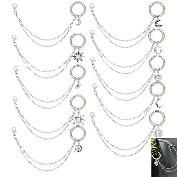 10Pcs 10 Style 304 Stainless Steel Decorative Shoe Chains, with Zinc Alloy Lobster Claw Clasps & Moon Sun Charms, Platinum, 202mm, 1pc/style