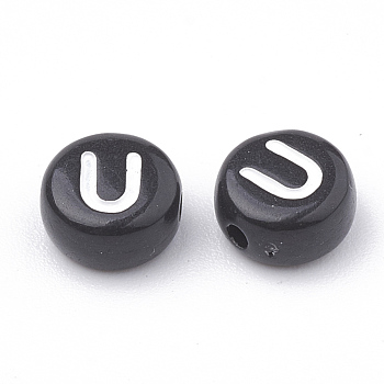 Opaque Acrylic Beads, Letter Style, Horizontal Hole, Flat Round, Letter.U, 7x4mm, Hole: 1.5mm