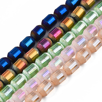 Electroplate Glass Beads Strands, Frosted, Barrel, Mixed Color, 9x7mm, Hole: 1mm, about 60~62pcs/strand, 21.50~22.13 inch(54.6~56.2cm)