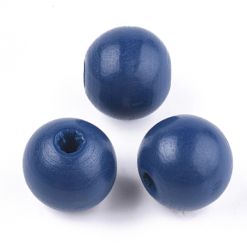 Painted Natural Wood European Beads, Large Hole Beads, Round, Marine Blue, 16x15mm, Hole: 4mm
