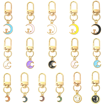 16Pcs Alloy Enamel Pendant Decorations, Moon, with Alloy Swivel Clasps, Mixed Color, 46~54mm