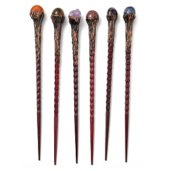 Sandalwood Hair Sticks, with Natural Mixed Gemstone, for Woman, Coconut Brown, 237~239x15~19mm