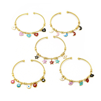Colorful Enamel Charms Cuff Bangle with Clear Cubic Zirconia, Real 18K Gold Plated Brass Jewelry for Women, Cadmium Free & Lead Free, Mixed Patterns, Inner Diameter: 2 inch(5.2cm), Pendant: 8.5~12x7~10x1.5~3mm