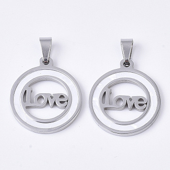 Valentine's Day Theme 201 Stainless Steel Pendants, with Shell and Random Size Snap on Bails, Flat Round with Word Love, Stainless Steel Color, 23x20x2mm, Hole: 7~10x3~5mm