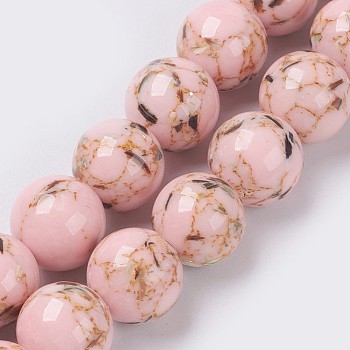 Sea Shell and Synthetic Turquoise Assembled Beads Strands, Round, Misty Rose, 8~9mm, Hole: 1.2mm, about 49~50pcs/strand, 15.3~15.7 inch(39~40cm)