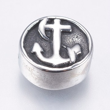 304 Stainless Steel Beads, Flat Round with Helm and Anchor, Antique Silver, 10.5x4.5mm, Hole: 1.5mm(STAS-F195-017AS)