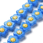 Glass Beads Strands, Hand Painted Beads, with Enamel, Flower, Cornflower Blue, 14.5~15x14x8~8.5mm, Hole: 1mm, about 25pcs/strand, 13.46''(34.2cm)(LAMP-R145-07F)