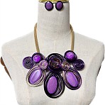 Aluminum Wire Wrapped Resin Beaded Oval Pendant Necklaces & Flat Round Stud Earrings Sets, Medium Orchid, 390mm(WG92AA6-03)