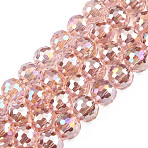 Electroplate Transparent Glass Beads Strands, AB Color, Faceted, Round, Pink, 9.5x9mm, Hole: 1.2mm, about 69pcs/strand, 24.41 inch(62cm)(X-EGLA-N002-46-H02)
