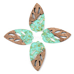 Transparent Resin & Walnut Wood Pendants, with Gold Foil, Leaf, Pale Turquoise, 38x20x3mm, Hole: 2mm(X-RESI-S389-048A-B02)