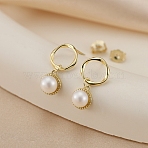 925 Sterling Silver Dangle Stud Earrings, Half Round, with Natural Freshwater Pearl, Real 14K Gold Plated, 19x10mm(EJEW-D326-01G)