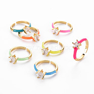 Brass Enamel Cuff Rings, Open Rings, Solitaire Rings, with Clear Cubic Zirconia, Nickel Free, Star, Golden, Mixed Color, US Size 7(17.3mm)(RJEW-T016-30-NF)