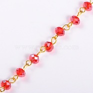 Handmade Rondelle Glass Beads Chains for Necklaces Bracelets Making, with Golden Iron Eye Pin, Unwelded, Red, 39.3 inch, Glass Beads: 6x4mm(AJEW-JB00037-06)